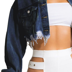 2025 veste élégante Denim déchiré garniture brute goutte épaule Denim vestes pour femmes avec Logo personnalisé vestes pour femmes - Product Image 6