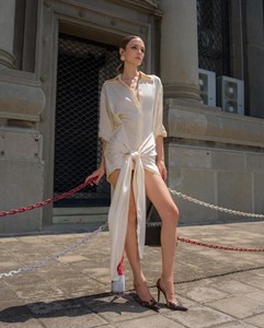 เดรสผ้าไหมสั้นคอตั้งแขนยาวไซส์ใหญ่ - Product Image 3