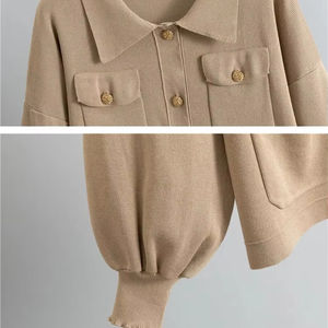 ชุดเสื้อถัก2ชิ้นแบบกระดุมแถวเดียวสำหรับผู้หญิงชุดเสื้อสเวตเตอร์แบบถักพร้อมเข็มขัดกางเกงขากว้าง - Product Image 5