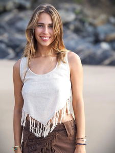 100% Cotton Raw Silk <b>Fringe</b> <b>Crop</b> <b>Top</b> Breathable Tribal Ethnic <b>Top</b> with Solid Pattern and Tassel Decoration - Product Image 2