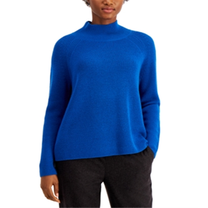 Poncho Eileen Fisher in Lana Merino Blu con Collo Alto, Maniche Raglan, Traspirante, Taglia L, con Colletto a Fiocco e Logo Applicato Frontale - Product Image 2