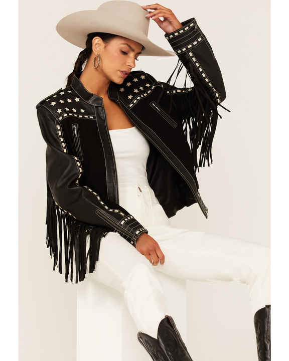 Western Cowgirl Borg Collar Crop PU Leather Jacket