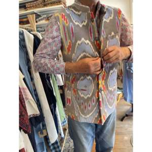 Mens Vintage <b>Nehru</b> <b>Jacket</b> XS 5XL Velvet Cotton Ikat Pattern Printed Embroidered Zippered Closure Hooded Collar Regular Fit - Product Image 1