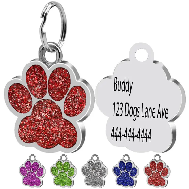 Targhette per cani incise in acciaio inossidabile con testo personalizzato Cute Glitter Paw Pet ID Dog Tag sublimazione collare in metallo nome Tag ciondolo