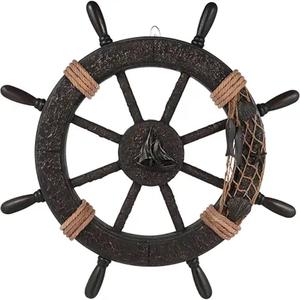 <b>Wooden</b> Ship Wheel Wall Decoration With Brass Center Hub Turned Spokes and Handles Maritime Nautical Boat from India - Product Image 5