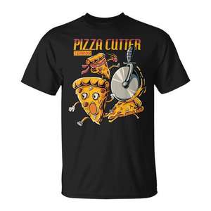 Camiseta divertida con diseño de rebanada de pizza persiguida por una rueda cortadora, regalo para amantes de la comida - Product Image 1