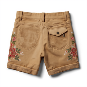 Shorts de Cuero Beige Premium con Bordado Tradicional, Estilo Festival, de Fábrica - Product Image 1