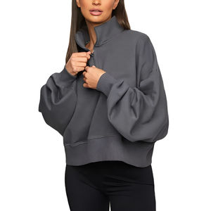 Sweat-shirt surdimensionné à manches longues et col zippé en coton bicolore de qualité supérieure pour femmes, respirant et décontracté pour l'hiver et l'automne OEM - Product Image 2