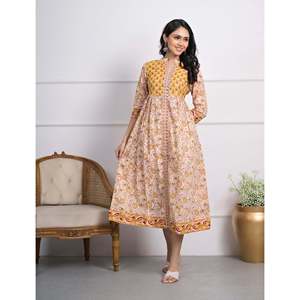 Vestido largo de algodón amarillo con estampado de bloques, estilo hippie elegante e informal para mujer, cintura imperio, transpirable, hasta el suelo. - Product Image 4