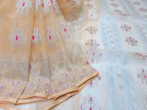 Nouvelle arrivée Deshi Dhakai Orange Jamdani Sharee qualité d'exportation pour les femmes JAMDANI TISSU ROUGE VERT Doré Bleu ciel du Bangladesh - Product Image 5