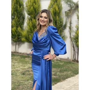 Abito da sera in raso a rete con maniche a palloncino drappeggiato in vita En4988 4988 - Product Image 5