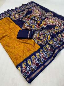 ผ้าไหมโดลาสำหรับผู้หญิงคุณภาพพรีเมียม พร้อมขอบปักดิ้นทอง และผ้าปาลูลายคาลัมคารีสุดหรู ผลิตในประเทศอินเดีย - Product Image 6