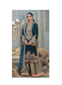 Latest Pakistani Indian Designer 3-Piece Cobalt Green Chiffon Collection Maxi Suit Full Sleeves with Viscose Silk Stitched Wear - Product Image 4