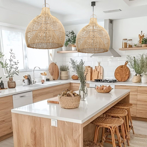 Handwoven Round <b>Pendant</b> <b>Light</b> Lampshade Water Hyacinth Ceiling <b>Light</b> Kitchen Island Home Accessories in <b>Rattan</b> Bamboo Metal - Product Image 5