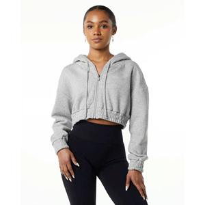 Sudadera con capucha recortada de lana de algodón pesado para mujer, Tops cortos de entrenamiento de invierno 2024 con cremallera, Top informal con cremallera para mujer - Product Image 6