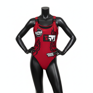 Traje de Baño Premium de 240 GSM, Poliéster y Spandex, Color Rojo, con Panel de Malla, Apliques y Logotipo Personalizado para Mujer - Product Image 1