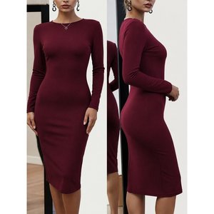 Robe midi à manches longues pour femme en crêpe importé avec détail en dentelle au dos, 37726 - Bourgogne - Product Image 3