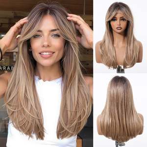 Melanie-DWY High Quality Premium Synthetic Lace Front Long Straight Layered Glueless <b>Wig</b> Transparent Lace Small Cap Bangs Blonde - Product Image 2