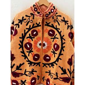 Autumn <b>Reversible</b> Saffron Wine Ivory Blooms-Hand-Embroidered Cotton <b>Jacket</b> Marigold Suzani Style Bomber XL Size Winter Coat - Product Image 1