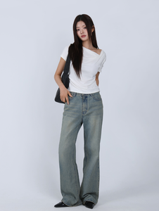 กางเกงยีนส์ทรงบูทคัทสไตล์เกาหลีสำหรับผู้หญิง ล้างแบบวินเทจ เนื้อผ้านุ่ม สวมใส่สบาย เหมาะสำหรับใส่ในชีวิตประจำวัน มี 2 สี ไซส์ S ถึง L - Product Image 2