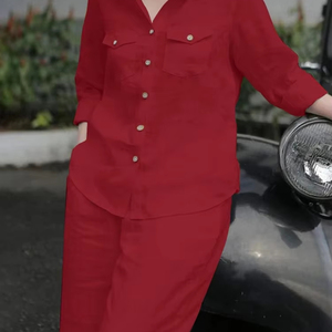 Ensemble 2 pièces ZANZEA 2025 pour femme : chemise à manches longues et pantalon en maille respirante, polyester et élasthanne, style décontracté et élégant pour l'été - Product Image 1