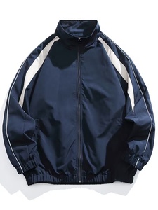 Chaqueta Deportiva Azul Marino para Hombre, Cortavientos, con Rayas Blancas, Cierre de Cremallera, Cuello Alto, Corte Regular, para Otoño - Product Image 1