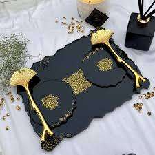 Super Qualité Noir Grand Plateau à Pilules Art Déco Moderne Or Poignées Grand Cadeau de Pendaison de Crémaillère Décoratif Résine Acrylique Plateau de Service - Product Image 2