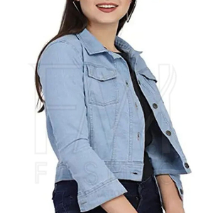 Chaqueta vaquera de algodón suave y cómoda de calidad para mujer, tamaño acolchado con solapa en el pecho, bolsillo de parche, logotipo personalizado con OEM - Product Image 5