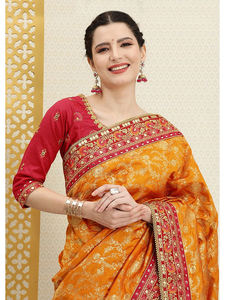 Sari de fête en soie pure brodée pour femmes Trendmalls avec pièce de chemisier non cousue pour les occasions de mariage (K1113-Orange) - Product Image 4