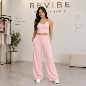 Women Crop Top <b>Wide</b> <b>Leg</b> <b>Pants</b> Two Piece Activewear Set High Waist Yoga <b>Lounge</b> OEM Private Label Wholesale - Product Image 1