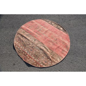 Vintage Turkish <b>Rug</b> 4.4 X 4.4ft Large Area Red Beige Wool Patchwork Design for Hallway <b>Bedroom</b> Rectangular Shape Latex Backing - Product Image 2