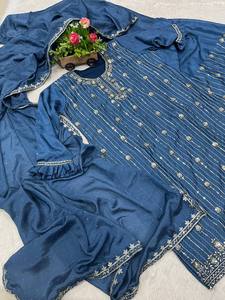 Ensemble Kurta pour femme Unity Luxure, bleu sarcelle, brodé, avec dupatta, mélange de soie Chanderi de qualité supérieure, tenue ethnique festive - Product Image 3