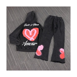 Conjunto de chándal desgastado Patchwork Zip up Hoodie Stacked Pant Hombres Flared joggers Chándales Hombres Conjuntos de dos piezas Jogger - Product Image 5
