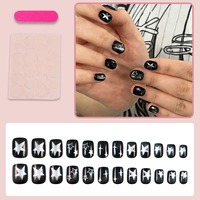 MEN-YY-1236 Faux Ongles Noirs Argentés Étoilés Cool à Presser Réutilisables Couverture Complète Style Gothique 24 Pièces
