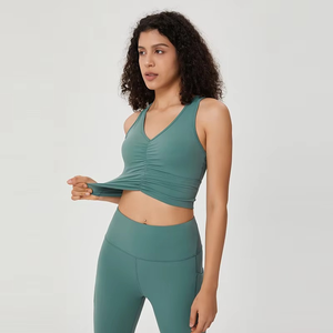 Tenues d'exercice de couleur unie de haute qualité grande taille couleur unie Fitness vêtements d'été Yoga ensemble 2 pièces Fitness vêtements de course - Product Image 3