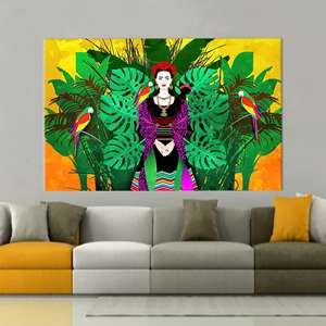 ภาพพิมพ์บนผ้าใบ: งานศิลปะของฟรีดา คาโฮพร้อมภาพนกแก้ว กรอบลอยตัวอย่างสวยงาม,1P:ห่อหุ้มแบบแกลเลอรี่ - Product Image 1