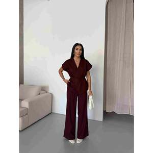 Conjunto de Chaleco de Algodón Mezclado Color Borgoña para Mujer de Mybeefashion, con Top sin Mangas y Pantalones a Juego, para Uso Casual y Diario - Product Image 4