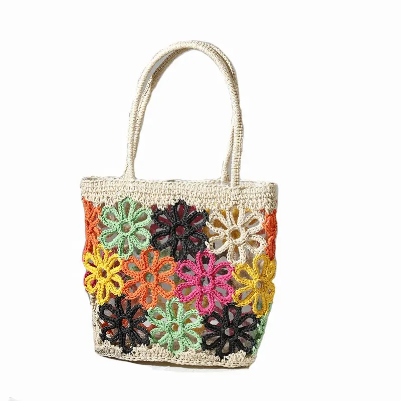 Summer Women Beautiful Flowers Beach Paper Straw Hollow Bag Tote Custom Handbag