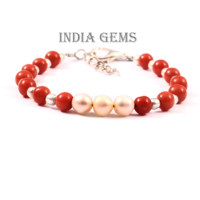 Bracelet de mariage classique italien réglable en argent 925 avec perles de corail rouge, pierres précieuses naturelles, perles, unisexe, certifié pour l'Islam