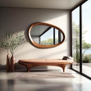 Milieu du siècle moderne véritable noyer asymétrique mur miroir fait à la main en bois décoratif Art déco Design Unique irrégulier mur décor - Product Image 2