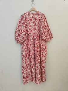 Robe d'été décontractée à manches longues et col en V, en coton imprimé à la main, à fleurs, longueur au sol, pour femmes - Product Image 5