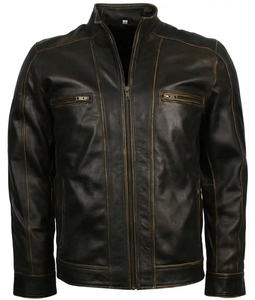 Venta caliente de los hombres Slim Fit Biker Jacket Nuevo producto-Cuero negro desgastado con cremallera de marca para montar en bicicleta de invierno - Product Image 1