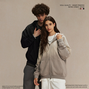 Vente en gros Cardigan rétro à capuche avec logo personnalisé Motif imprimé de haute qualité Manteau surdimensionné lavable à l'eau pour femmes et hommes - Product Image 4