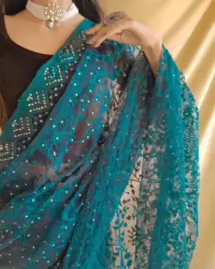 粘胶网纱覆盖，遍布美丽的刺绣，遍布印度出口商的美丽钻石作品