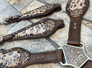 Decorado con cuero estampado de leopardo personalizado caballo occidental Headstall caballo Headstall brida pecho Collar Set - Product Image 4