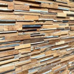 Paneles de pared de teca reciclados modernos insonorizados con diseño de patrón geométrico para características de absorción de sonido en villas y hogares - Product Image 1