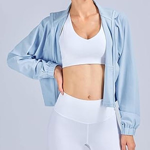 Women's <b>Light</b> <b>Blue</b> Windbreaker Jacket Stand Collar Zip Up <b>Long</b> <b>Sleeve</b> Crop Track <b>Top</b> - Product Image 2