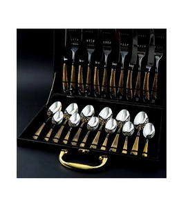 Ensemble de couverts en acier inoxydable en gros, 24 pièces, logo personnalisé, couverts vintage, vaisselle élégante avec manche en bois et étui cadeau - Product Image 3