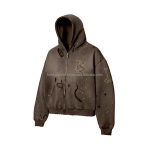 Sudadera con capucha de algodón polar con cremallera para mujer, estilo de calle, acabado desgastado marrón lavado, sudaderas básicas con logotipo bordado impreso personalizado - Product Image 4