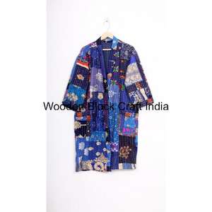 Handmade <b>Vintage</b> Kantha Long Kimono Robe Floral Indian Quilt Organic Cotton <b>Jacket</b> Soft Winter Autumn V Neck <b>Womens</b> Pattern - Product Image 1